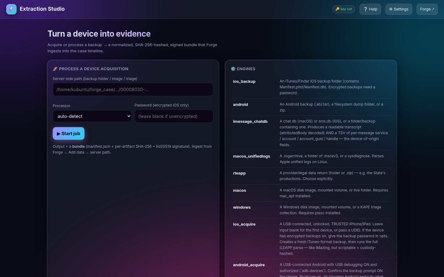 Extraction Studio device acquisition with every forensic engine