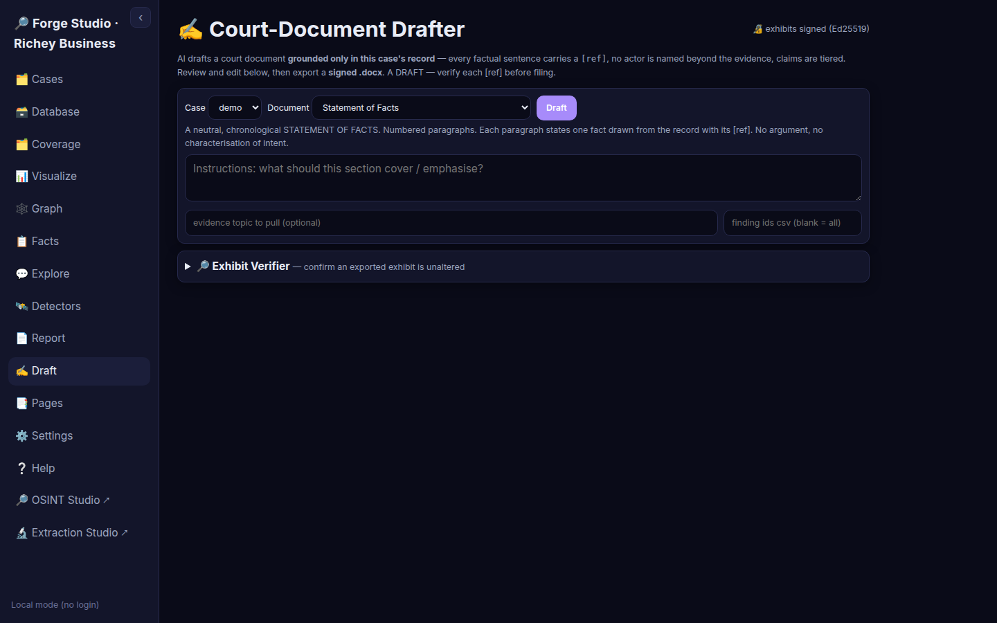 Forge AI court-document drafter with Ed25519-signed exhibit export