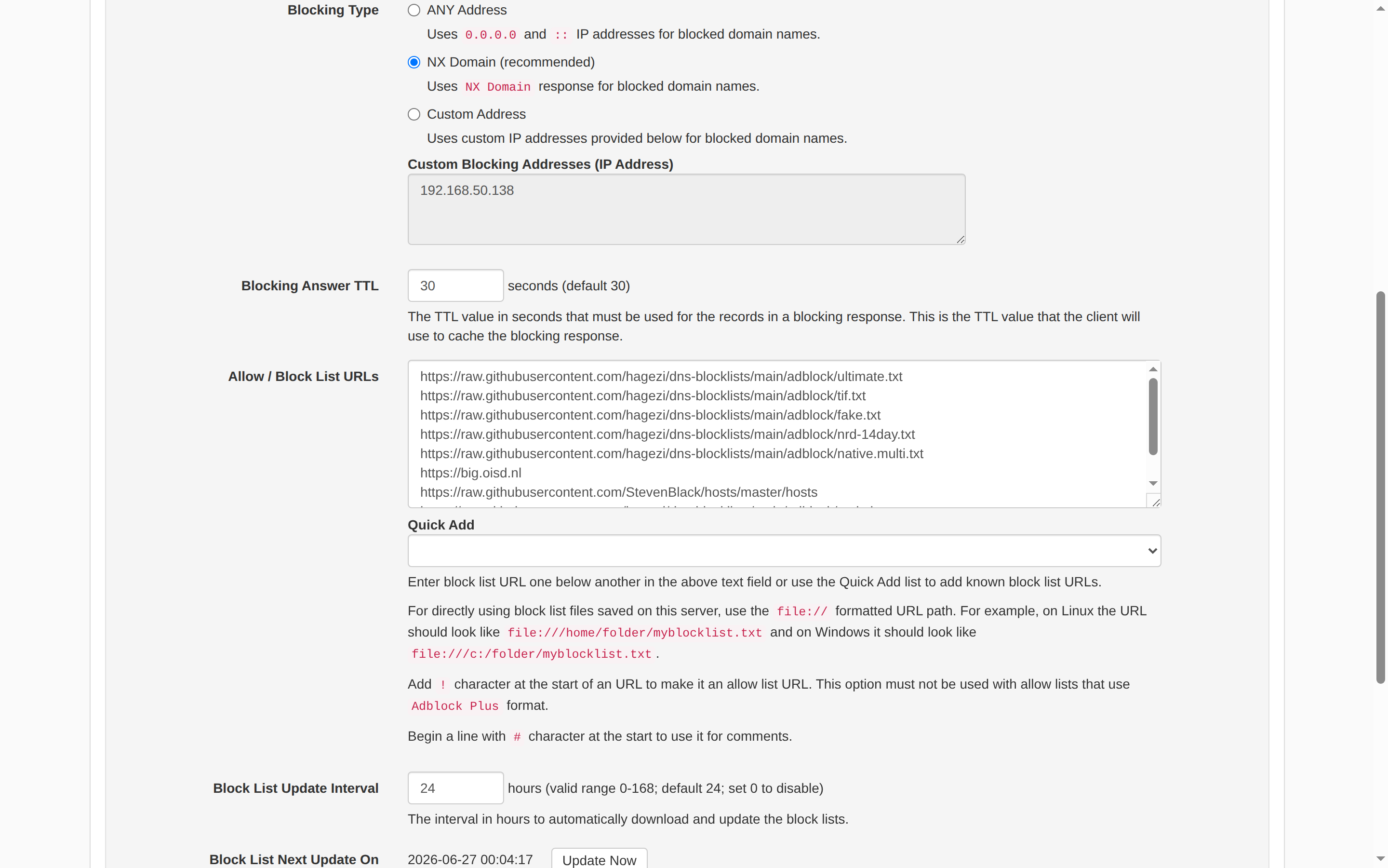 Blocking configuration