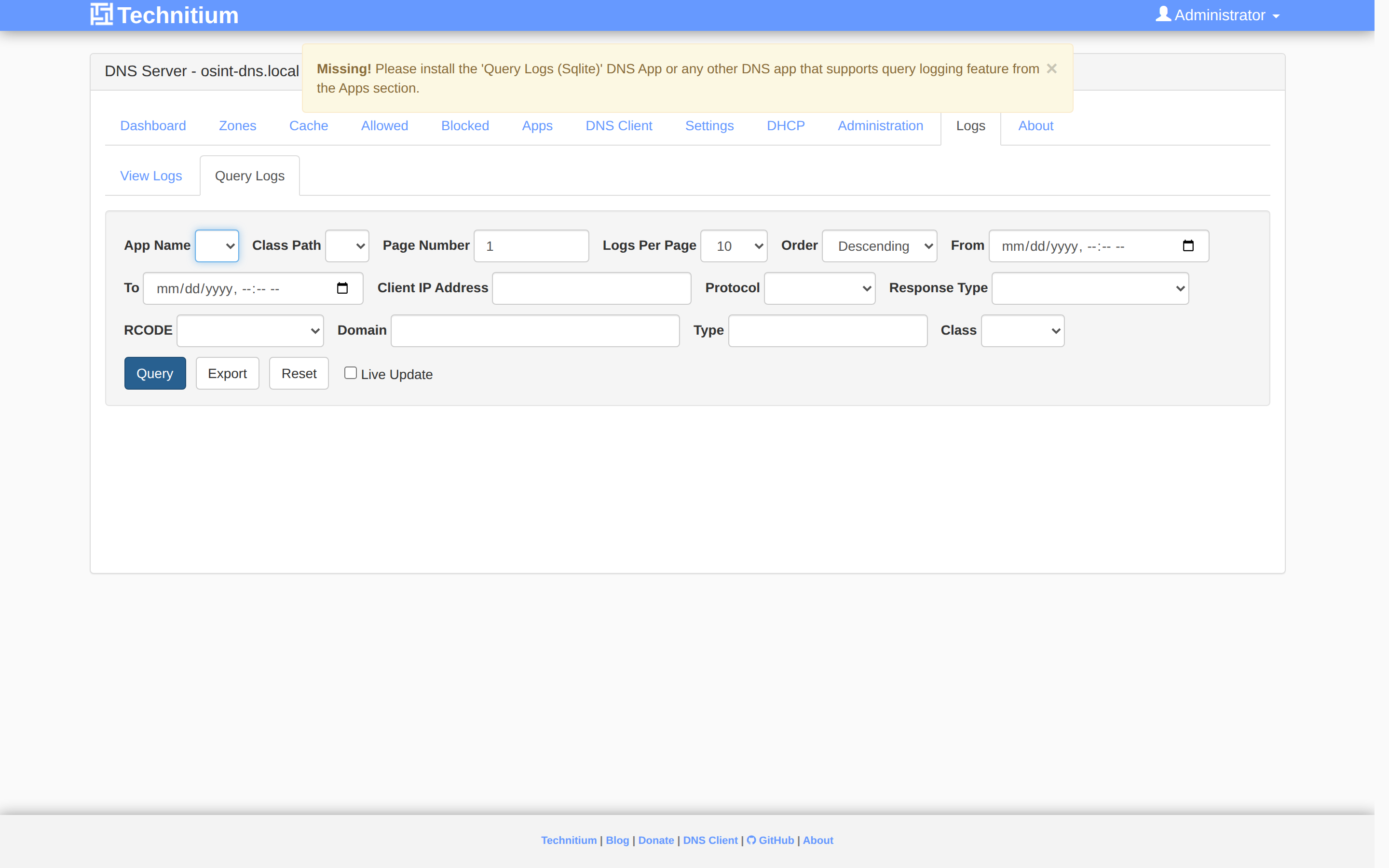 Live DNS query log