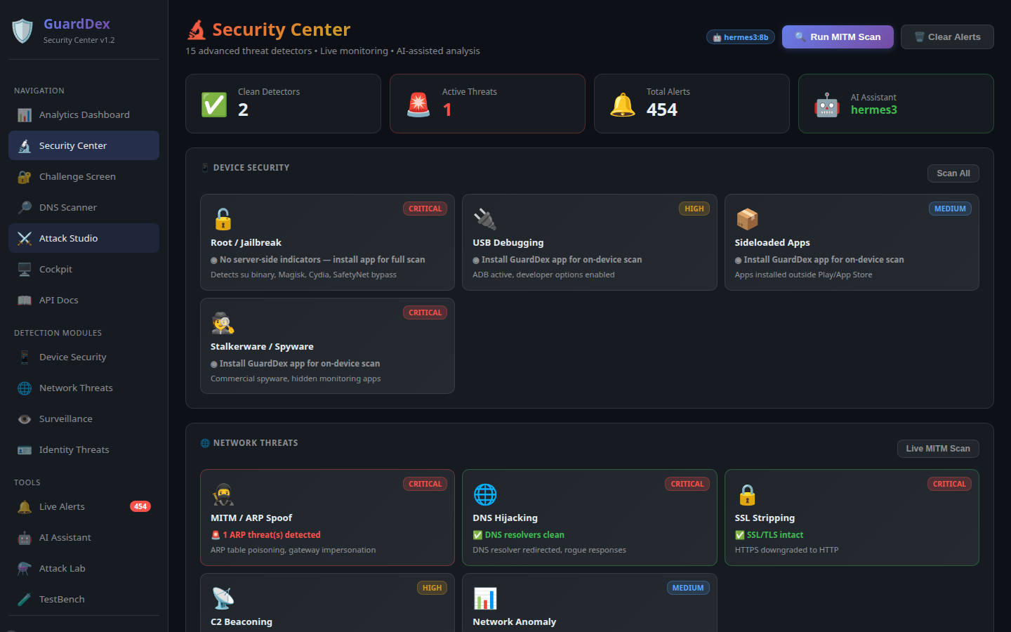 GuardDex Security Center — 15 threat detectors