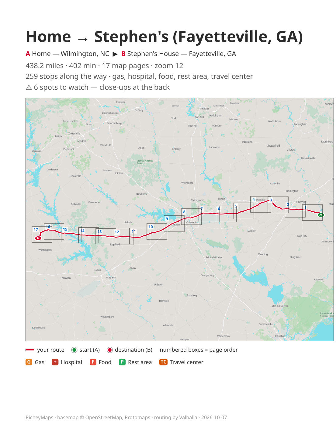 RicheyMaps booklet cover — route overview with numbered pages, stops legend and spots-to-watch