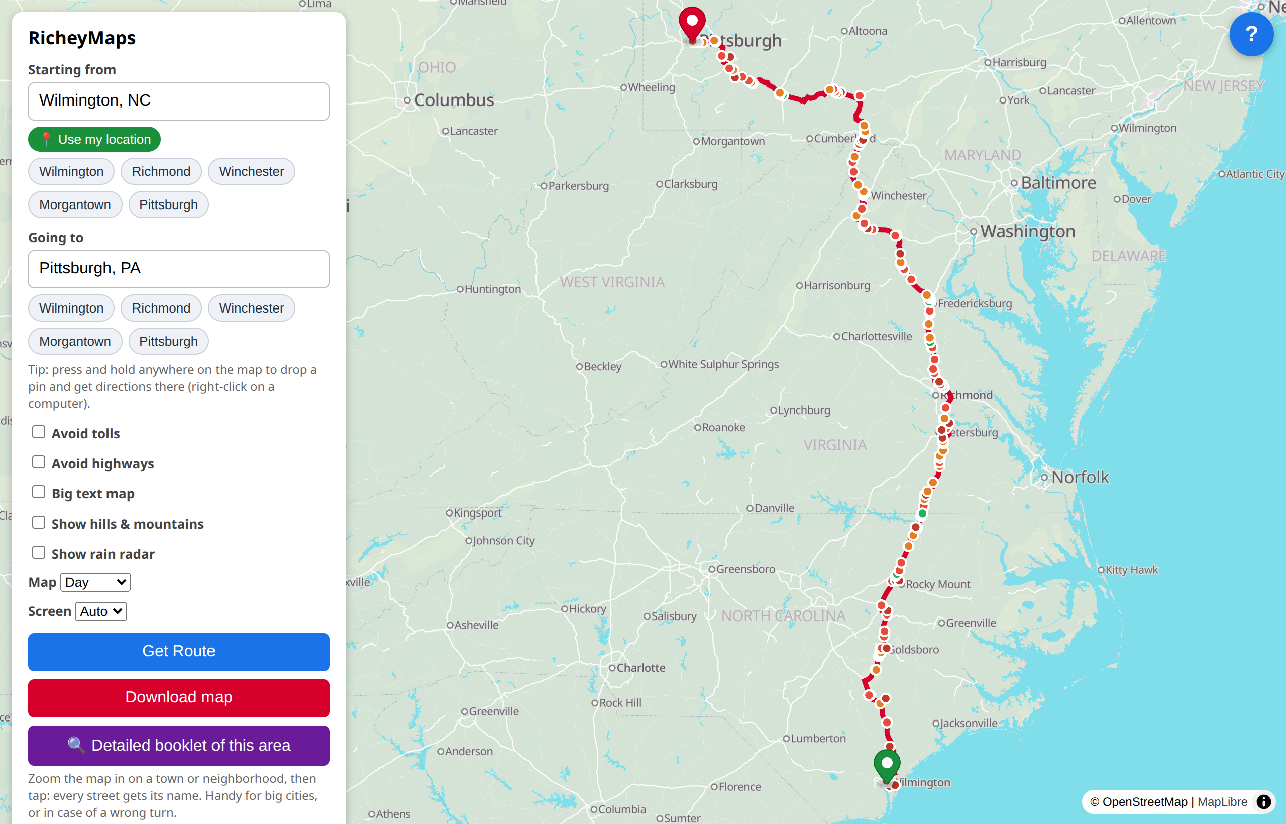 The live RicheyMaps app — planning a trip with the route and stops drawn on the map
