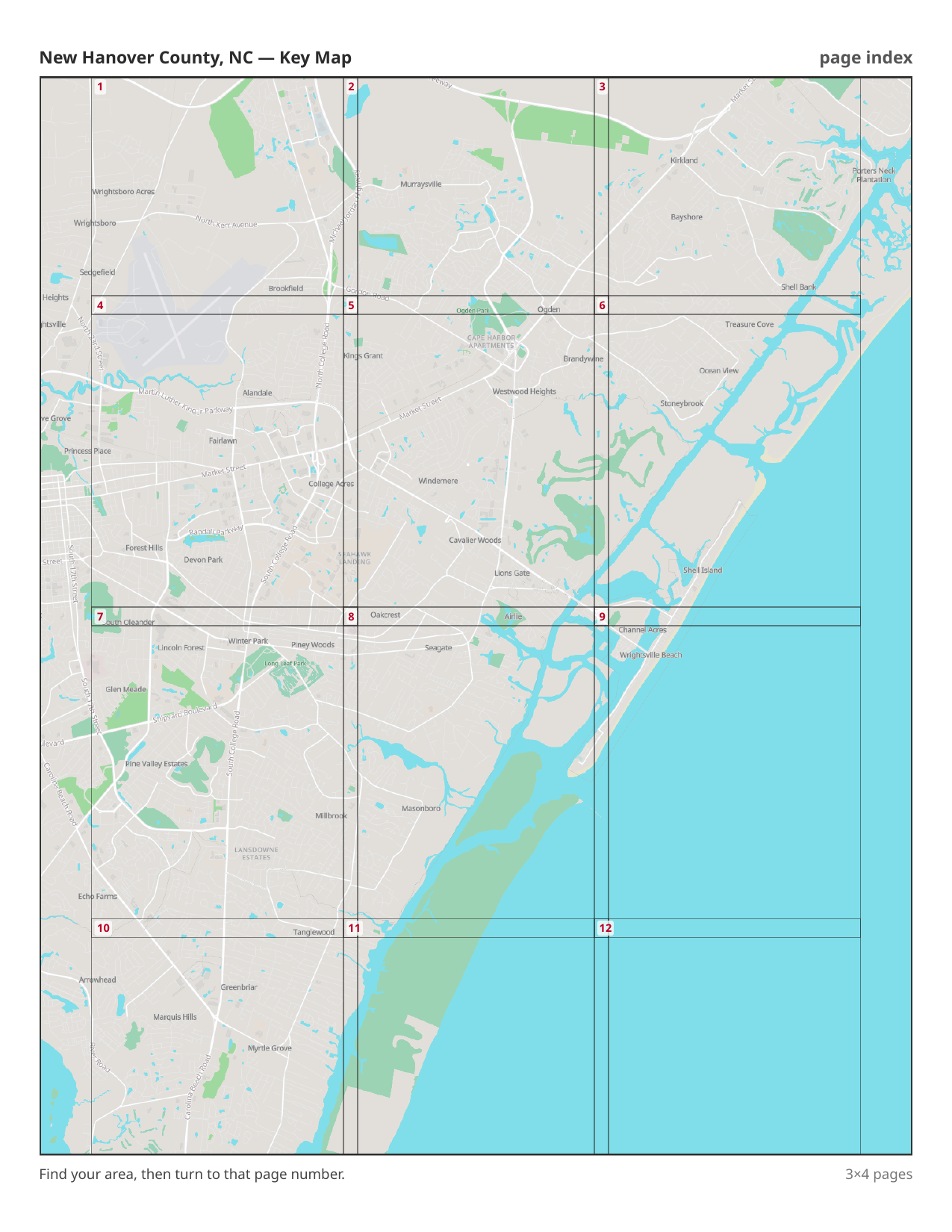 The key map from an area booklet — a whole county with a numbered grid laid over it