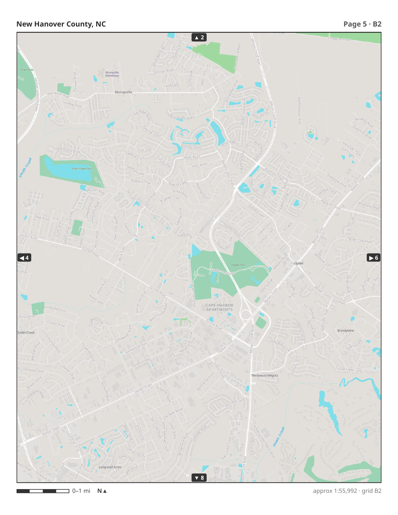 A single page from a county map book with its grid reference, scale bar and continue-on-page arrows