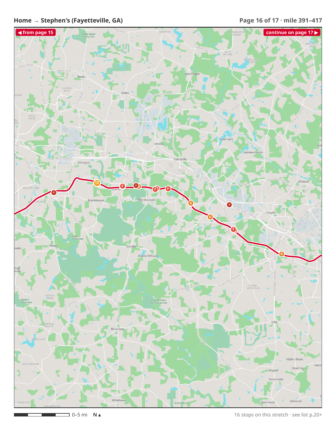 A route page through the Atlanta suburbs with the route drawn, stop markers and labeled roads