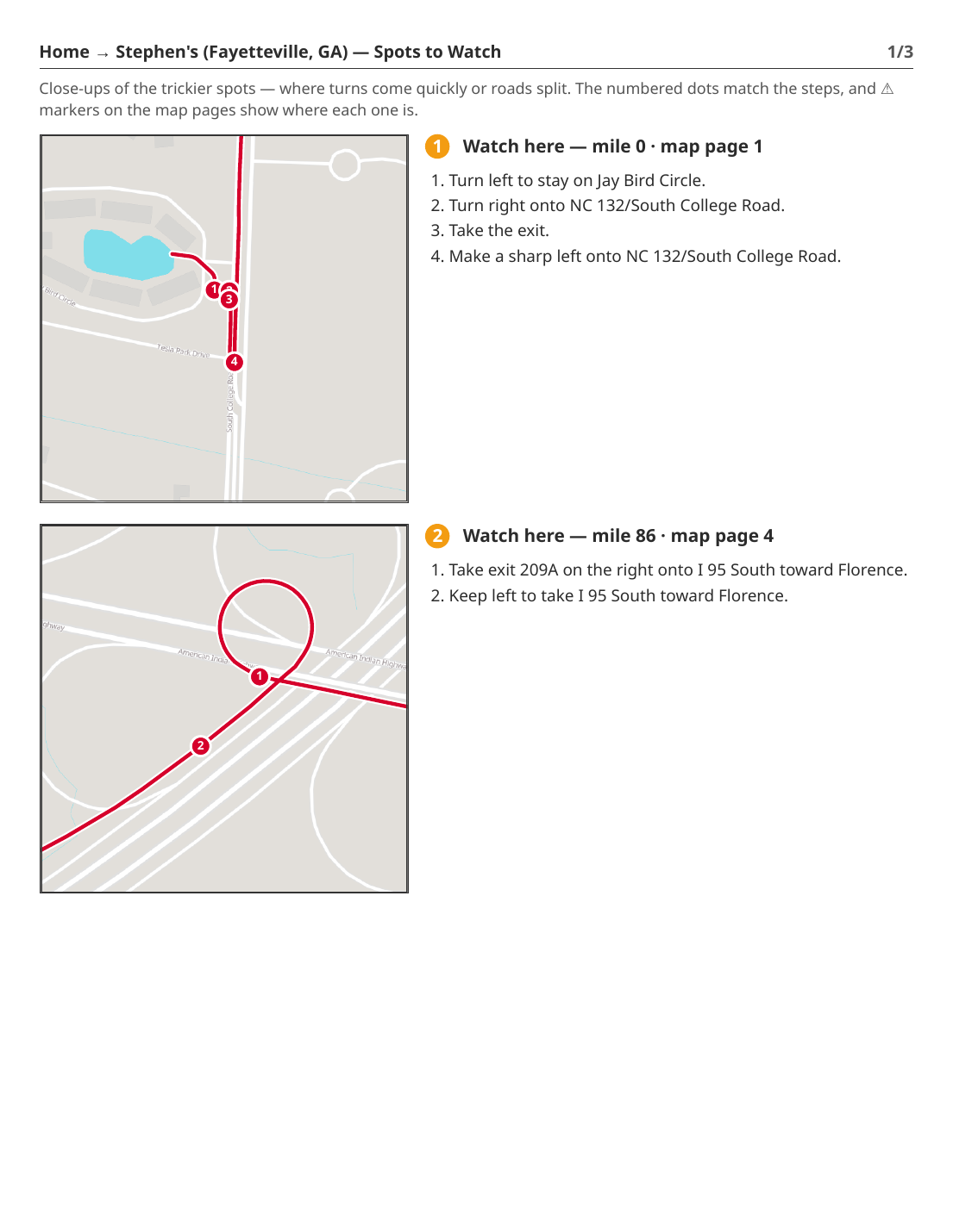 Spots to Watch — zoomed-in close-ups of tricky interchanges with numbered steps