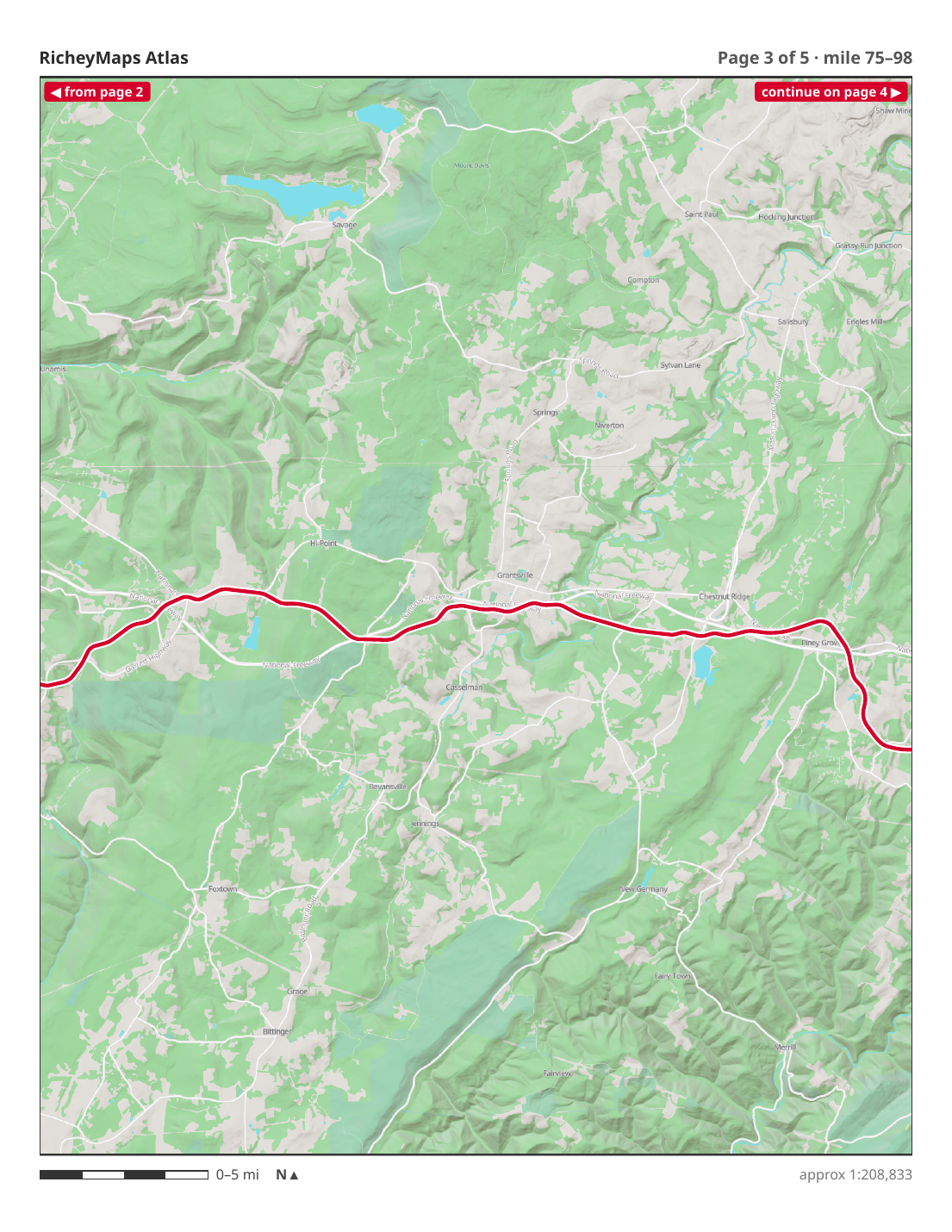 A route page with terrain hillshade relief showing the mountains